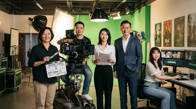 媚黑专业影视制作团队在现代化摄影棚中合影，展示导演、摄影师、编剧、制片人和剪辑师