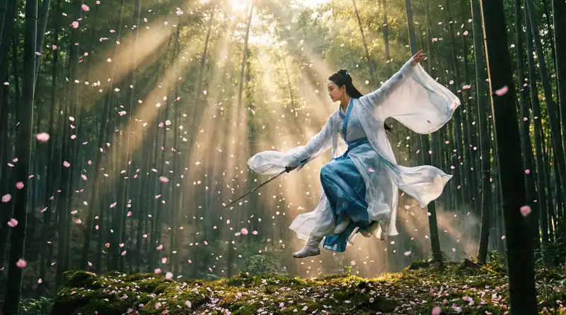 媚黑精彩影片预告片画面，竹林中女侠飞身舞剑